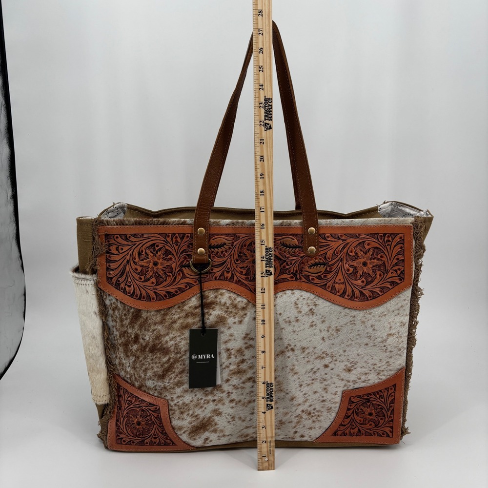 Myra Cartwright Hand Tooled Bag Women Large Tan White Cowhide Western Tote 14562 - Picture 6 of 13